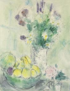 夏加尔水彩画作品: 桌子上的水果和花瓶