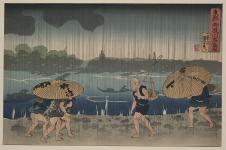 歌川国芳 暴雨期间，人们在海边的伞下散步