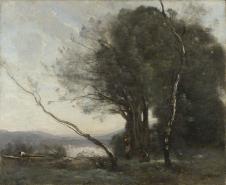 柯罗油画风景作品: 河边的高大树木和倾斜的秃树