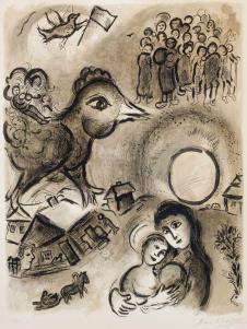 夏加尔油画作品: 保护母女的大鸟 高清图片素材下载