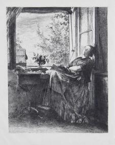 门采尔素描: 靠着窗户睡着的女人