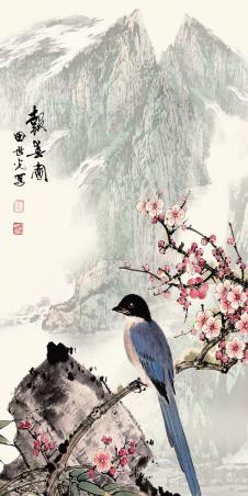 现代新中式花鸟画素材: 梅花与报喜鸟