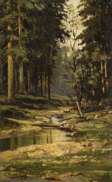 希施金高清风景油画作品 松树林间的小溪  大图下载