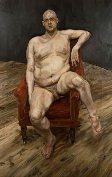画家弗洛伊德作品  坐在红沙发上的裸体男人