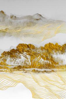 山水晶瓷画素材: 山水画和金色线条装饰画下载 C