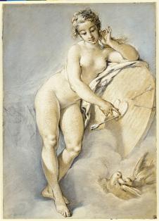 布歇素描作品: 靠着盾牌的裸体女人素描欣赏
