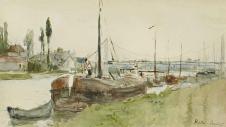 莫里索水彩画作品: 停在河边的船