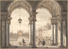 卡纳莱托 Canaletto作品:View through a Baroque Colonnade into a Ga