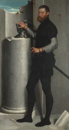 乔瓦尼·巴蒂斯塔·莫罗尼: 绅士与他放在圆柱上的头盔 - Portrait of a Gentleman with his Helmet on a Column Shaft