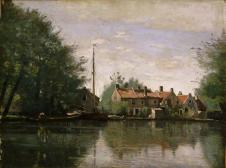 柯罗油画风景高清作品: 湖边的房子和船