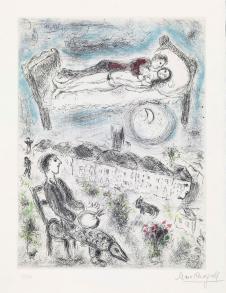 夏加尔油画作品: 睡在床上的情侣 高清大图下载