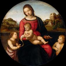 拉斐尔作品: 圣母子，施洗者约翰及一圣童