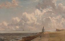 康斯太勃尔高清油画: 白云下的大海和灯塔