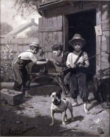 诺曼洛克威尔素描作品: 三个男孩和狗