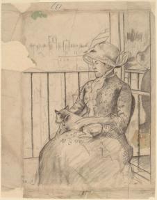 卡萨特素描作品:抱狗的妇人
