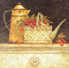 桌子上的满篮水果和浇水壶 B