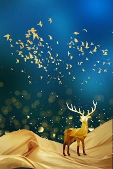 现代晶瓷画素材: 成群的飞鸟和奔跑的麋鹿装饰画下载 A