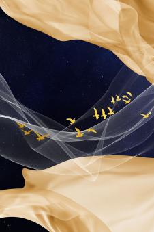 飘逸的烟雾和金色的飞鸟晶瓷画素材欣赏 A