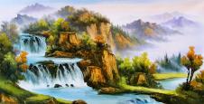 中式山水风景油画高清大图: 客厅风水油画素材下载 Q