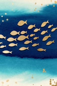 蓝色深海游泳的金色鱼群 C
