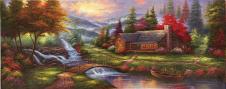 巨幅精品中式山水风景油画高清大图素材下载: 小桥流水人家油画