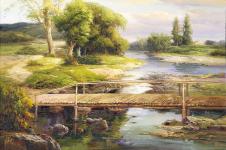 小溪上的木桥油画欣赏