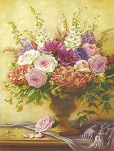 欧式百花花坛装饰画: 玫瑰花和百合花