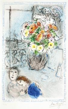 夏加尔的画:  花瓶和一对恋人