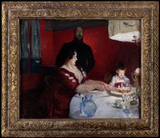 萨金特油画作品: 餐桌上的女人和小孩油画欣赏