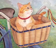 田园猫水彩画系列: 自行车篮子里的猫