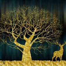 金色的发财树和麋鹿晶瓷画高清图片下载 A