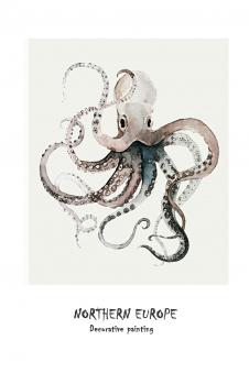 北欧简约动物装饰画素材: 章鱼水彩画 B