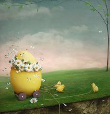 超现实梦幻画:拉大鸭蛋的小鸭子装饰画