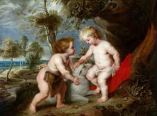 鲁本斯油画作品: 两个婴儿和羊
