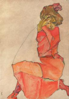 席勒作品:跪着的橘紅色衣服女性 Kneeling Female in O
