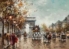 巴黎街景上的马车和凯旋门