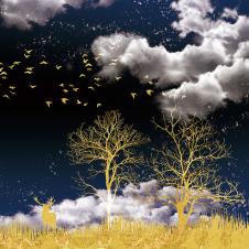 草原上的树木和动物装饰画素材: 金色发财树晶瓷画 C