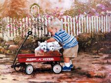 小男孩与玩具车里的狗油画素材 B