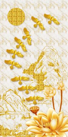 巨幅浮雕画素材: 金色的荷花和飞鸟