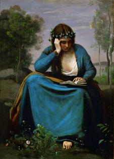 柯罗人物画作品: 坐着看书的女人