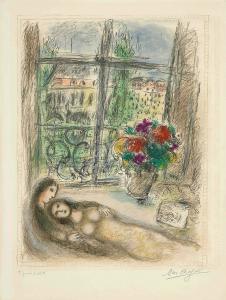 夏加尔油画作品: 窗边的情侣和花瓶  高清图片素材下载
