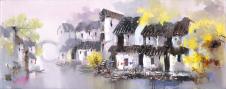 江南水乡油画素材高清大图下载: 古镇里的小桥流水人家