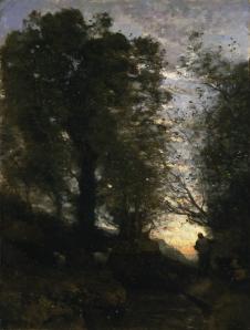 柯罗油画风景作品:　黄昏的森林