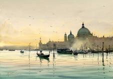 威尼斯海景和圆顶教堂水彩画欣赏