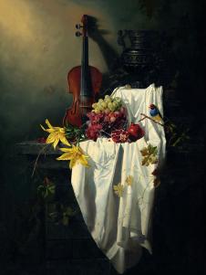 阿列克谢安东诺夫油画作品: 小提琴和葡萄超写实静物油画下载