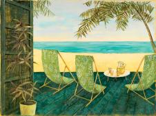 唯美海滩画: 绿色的躺椅装饰画欣赏 B