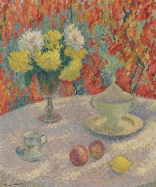 亨利马丁油画: 点彩派静物画,有花瓶的桌子