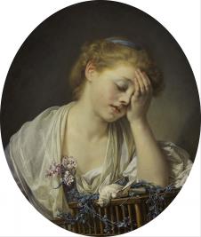格勒兹油画作品: 《为死去的小鸟而伤心的少女》 A Girl with a Dead Canary