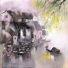 江南水乡油画素材高清大图下载: 古镇里的小桥流水人家油画欣赏 N