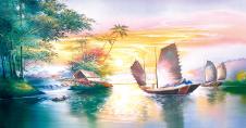 中式客厅风水画素材: 一帆风顺油画大图 A